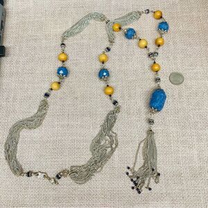 Silver Multi Strand Wood and Blue Beaded Long Tassel Necklace